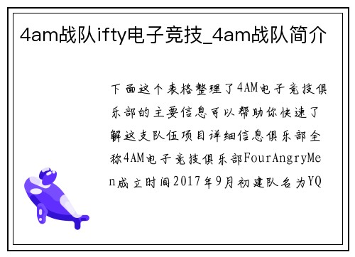 4am战队ifty电子竞技_4am战队简介
